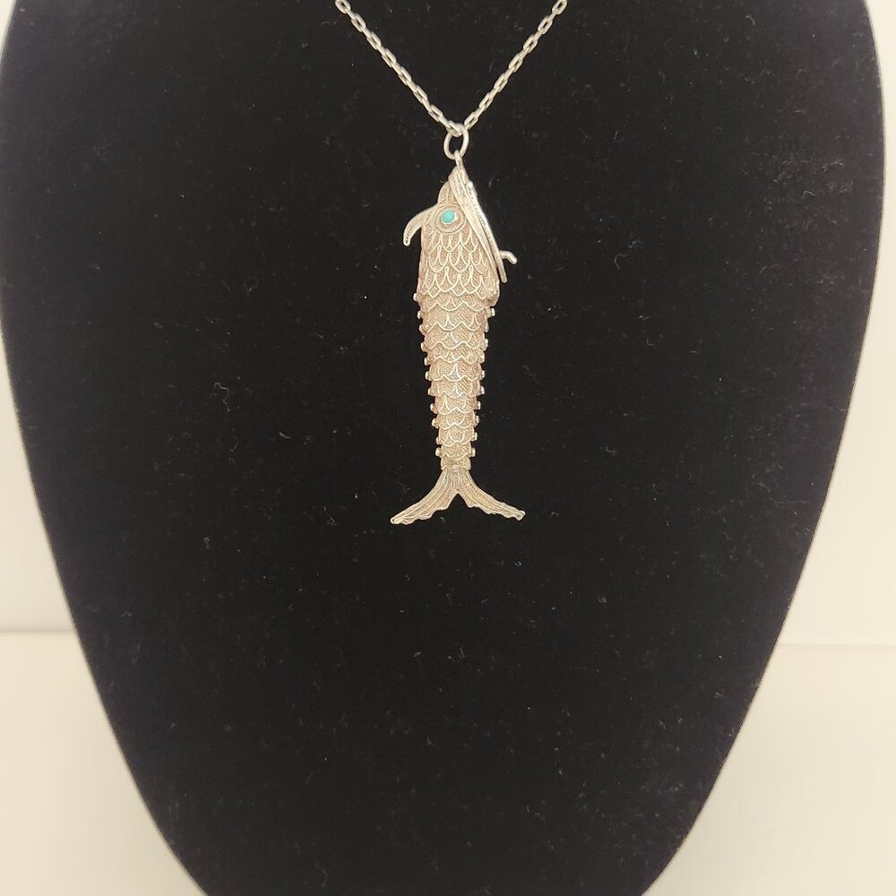 1970s Sterling Silver Fish pendant necklace with turquoise eyes